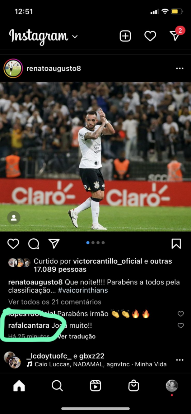 Rafael alcântara comenta em foto do renato Augusto, será um sinal