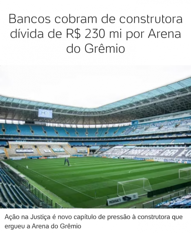 Grêmio: Bancos cobram de construtora dívida de R$ 230 mi por Arena