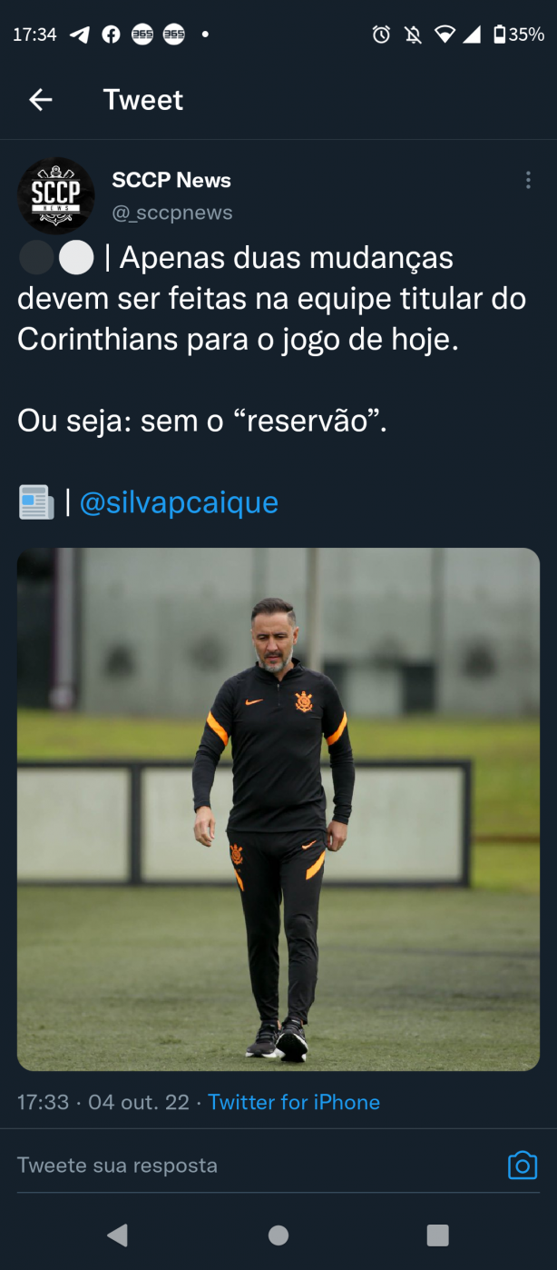 Corinthians n�o ir� com o time reserva hoje