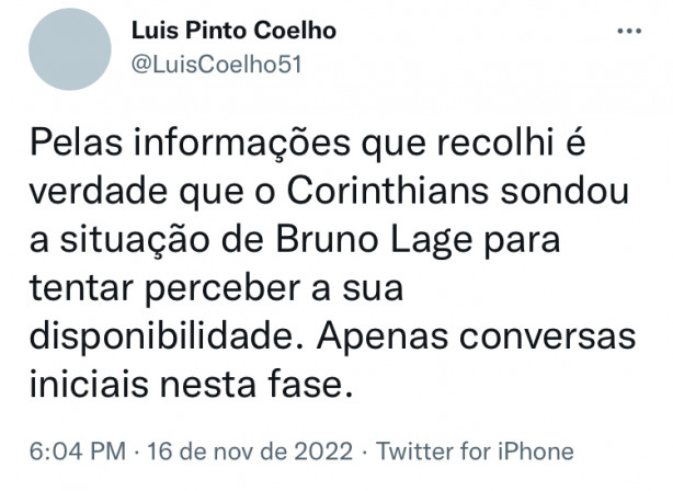 Lu�s pinto Coelho: Corinthians sondou Bruno Lage