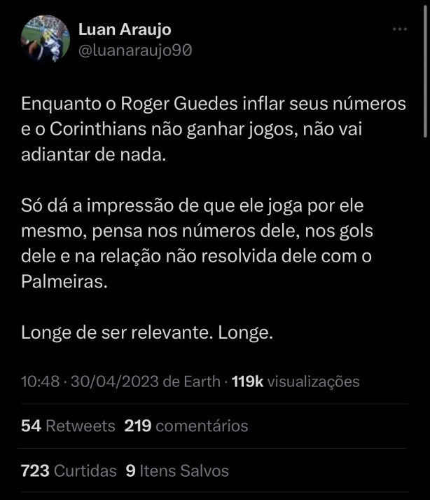 Torcida do Twitter criticando Roger Guedes