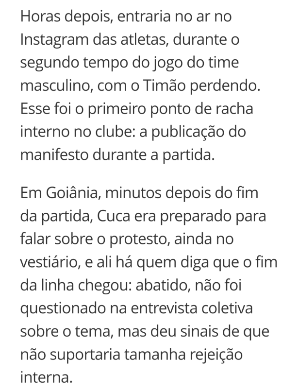 GE: O principal motivo da sada do Cuca foi a nota que as jogadoras do Corinthians soltaram