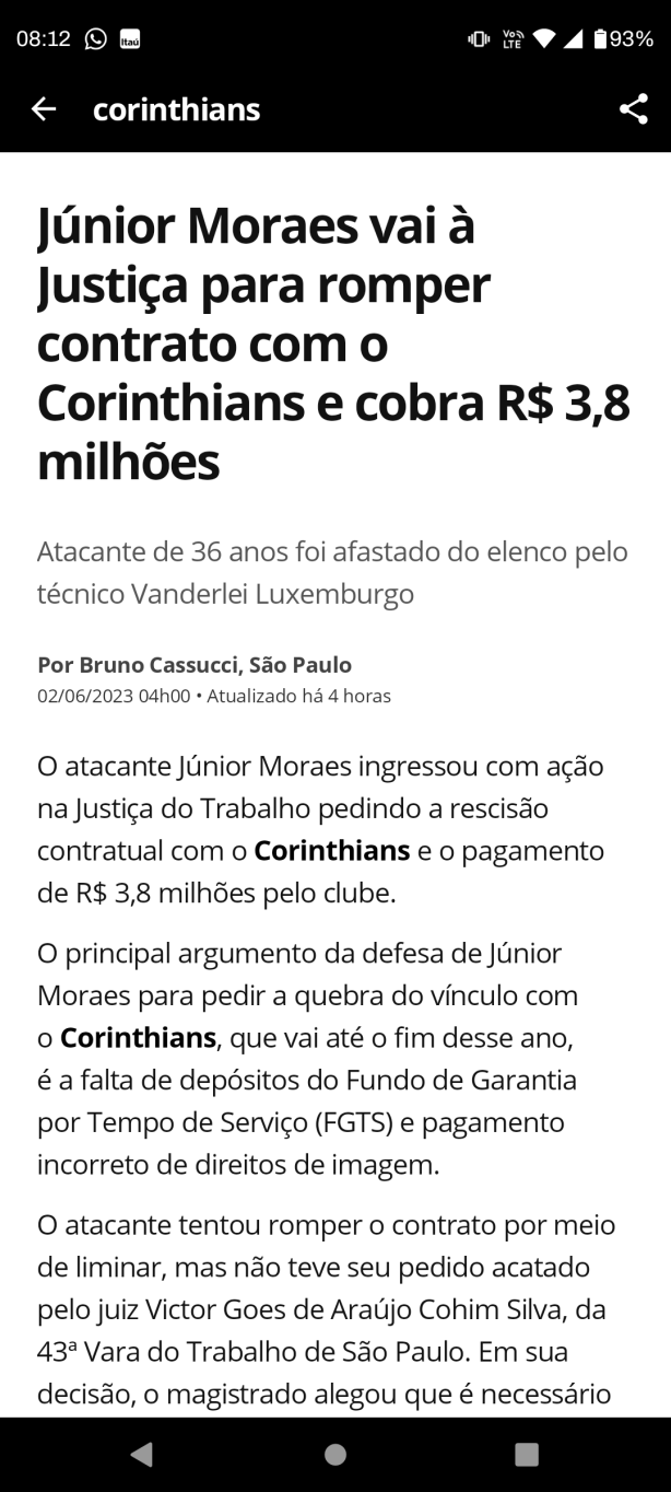 Junior Moraes entrou na justi�a contra o clube...