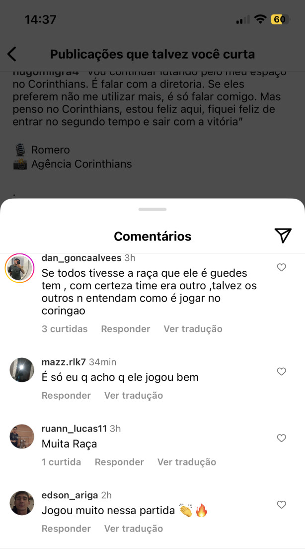 Coment�rios em uma publica��o de uma p�gina sobre a fala do Romero