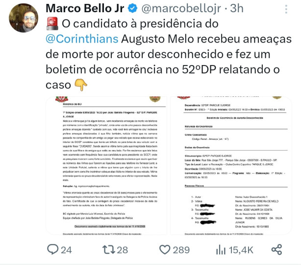 MarcoBelo denncia ameaa de morte feita a Augusto Melo