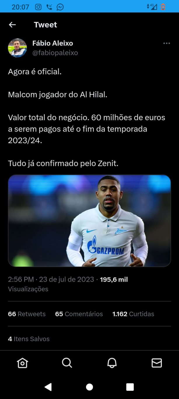 Zenit confirma acordo com Al-Hilal para venda de Malcom; veja valores