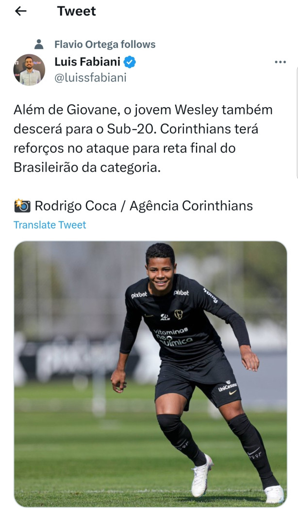 Wesley e Giovane descem para Corinthians sub-20 e reforçam