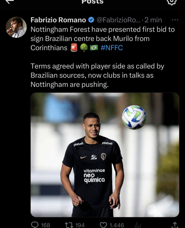 Nottingham Forest apresenta primeira porposta por Murillo
