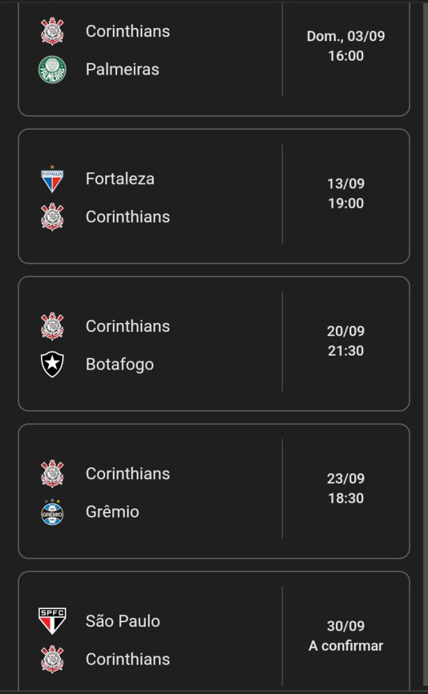Próximos jogos do Corinthians no Brasileirão