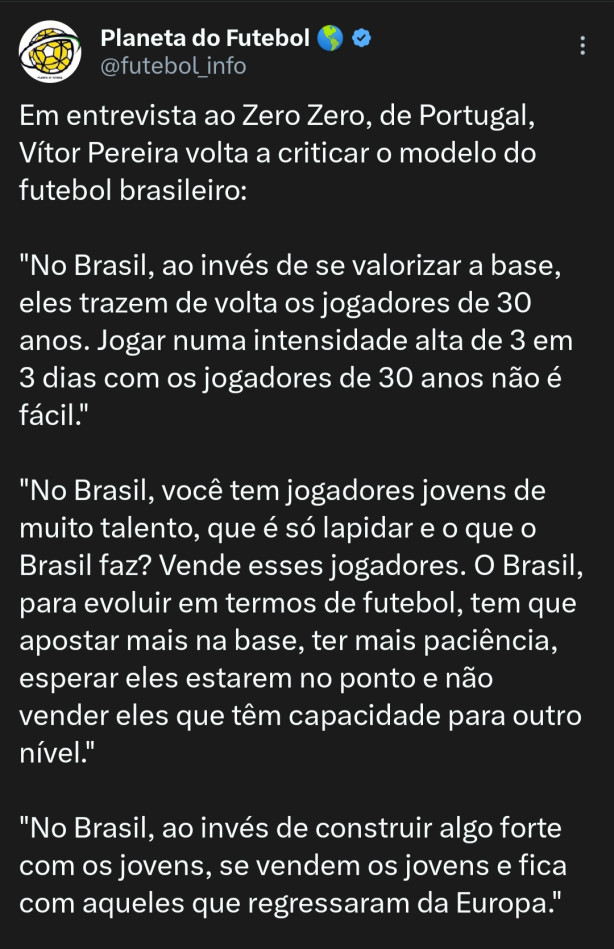 Nisso o Vitor Pereira est certo, mas dificilmente o Brasil vai mudar!