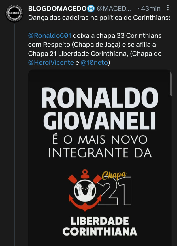 Ronaldo Giovanelli trocou de Chapa