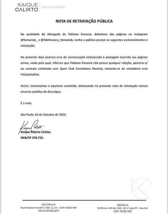 Fama Club nota dos advogados