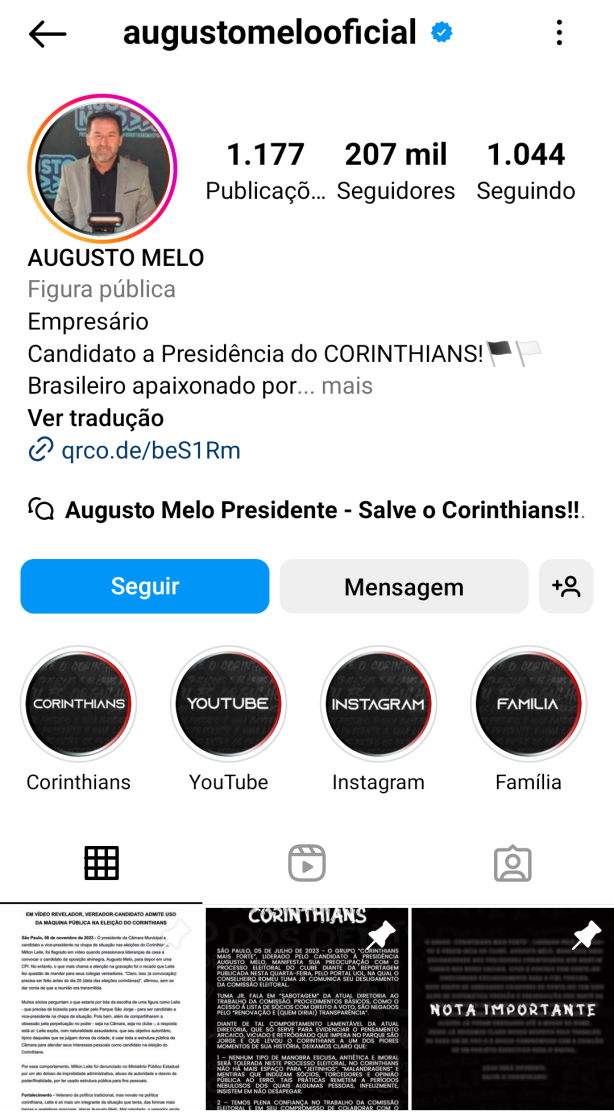 A Fiel j escolheu Augusto Melo para Presidente com quase 210 mil seguidores (imagem)