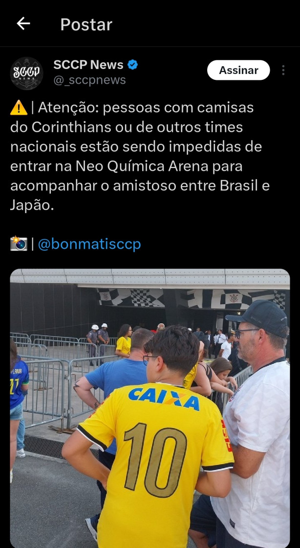 Amistoso da CBF e não pode entrar com a camisa do Corinthians na Neo Química Arena