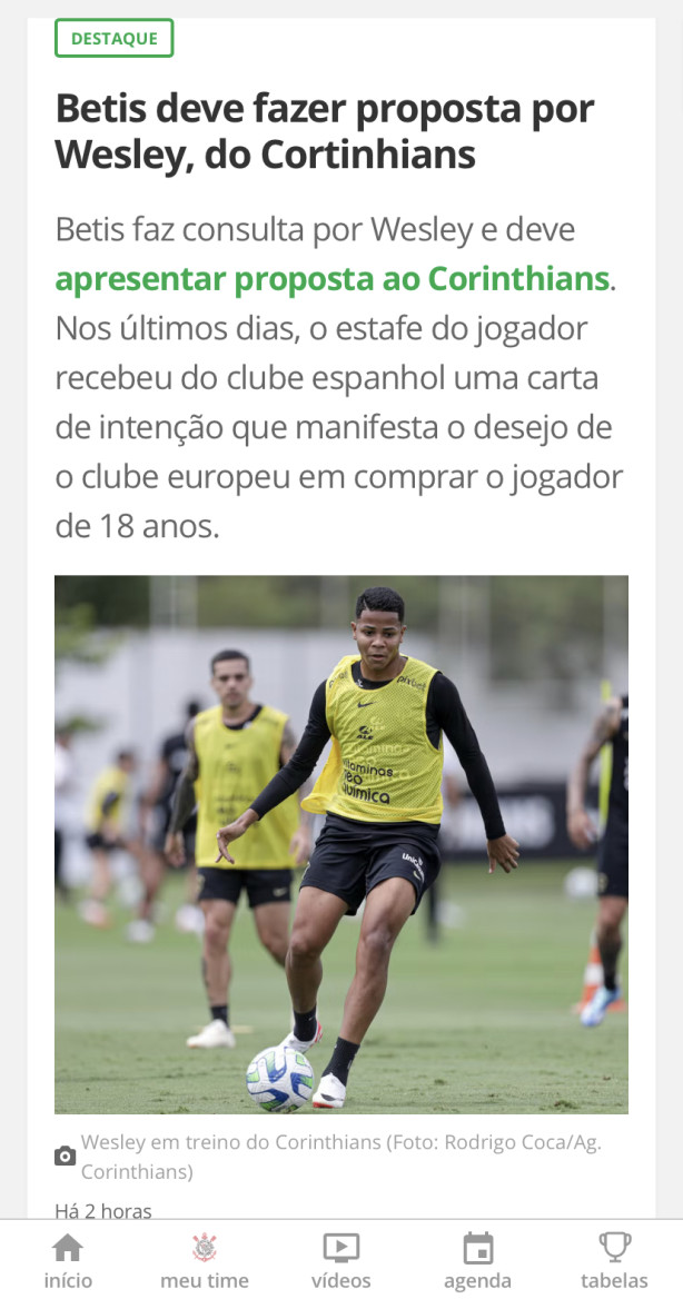 Corinthians deve receber proposta de time espanhol por Wesley