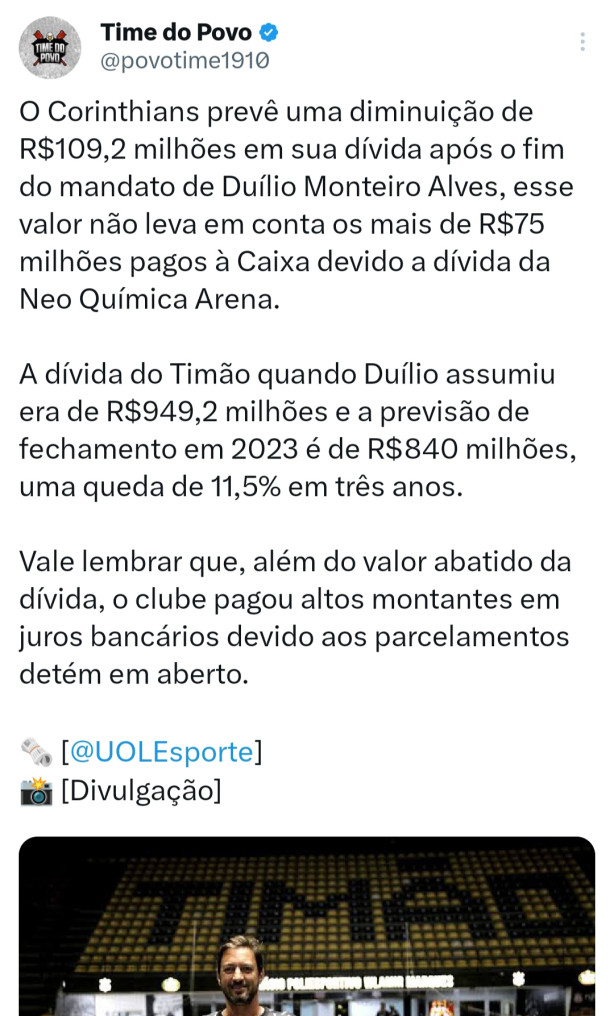 Corinthians diminuiu dívida de R$ 912 milhões para R$ 910,5 milhões no  período de um ano