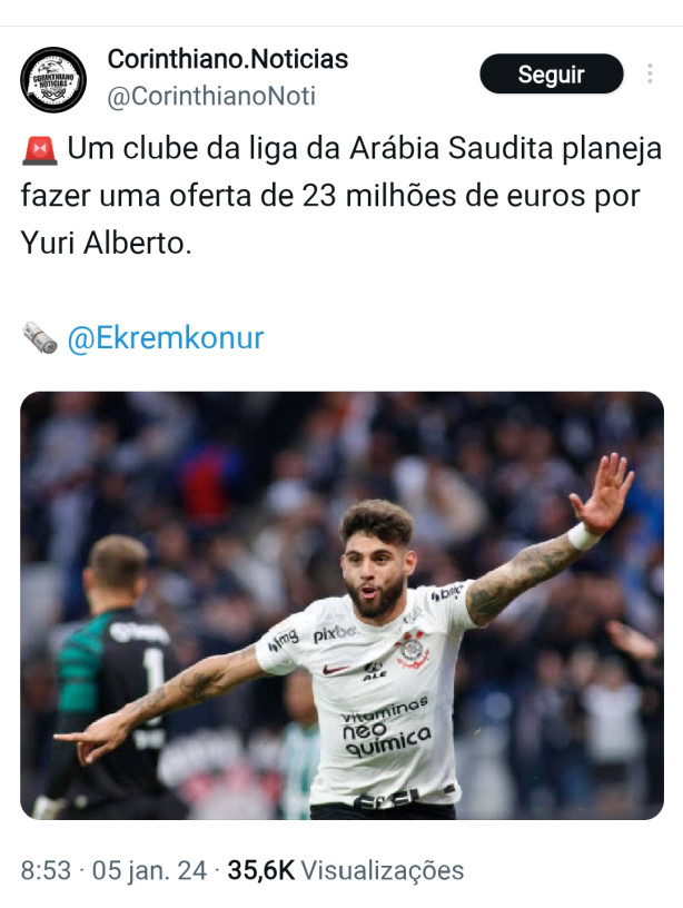 Clube da Arbia planeja oferta de 23 mi de euros por Yuri Alberto