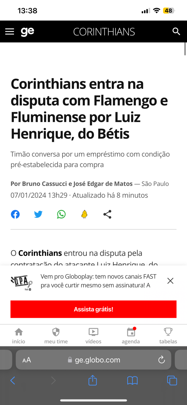 Corinthians entra na disputa por luiz Henrique GE