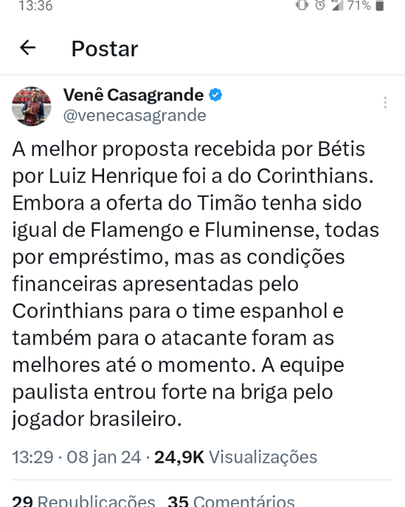 A melhor proposta recebida por Btis por Luiz Henrique foi a do Corinthians