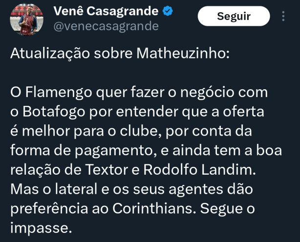 Flamengo no quer vender matheuzinho ao Corinthians