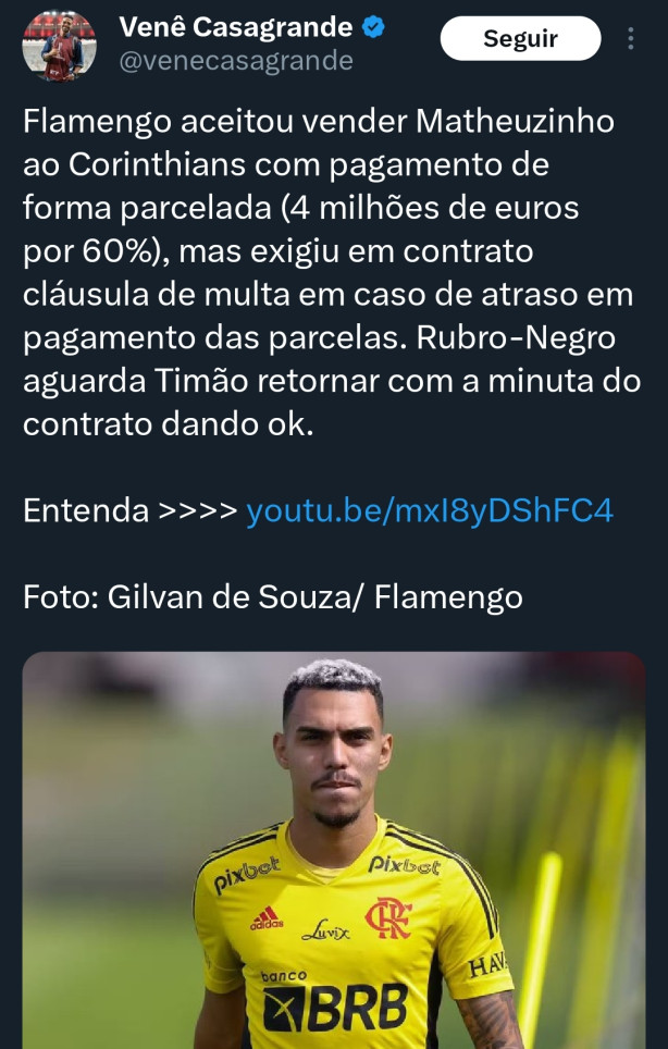 (Atualizao matheuzinho) Flamengo exigiu ao Corinthians