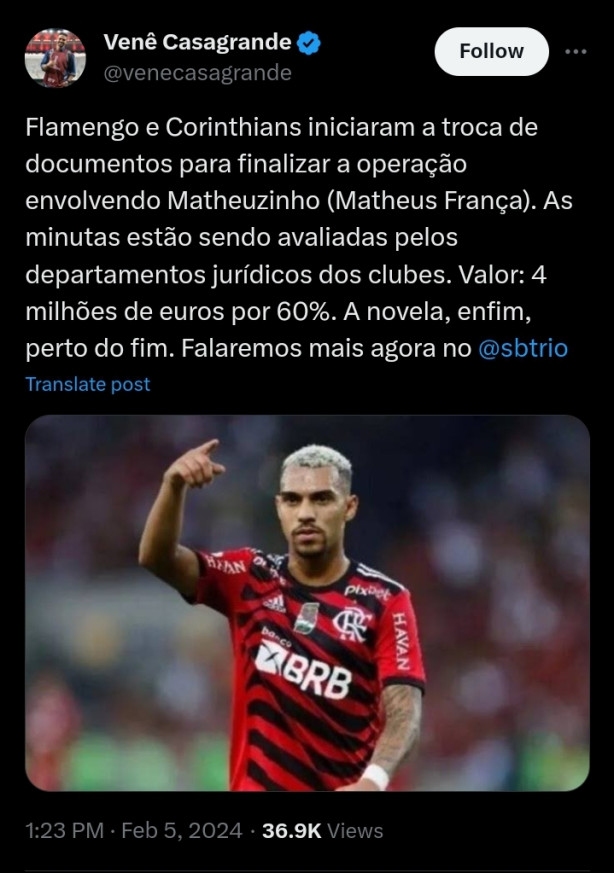 Matheus Fran�a pr�ximo do Corinthians
