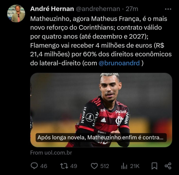 Andr� Hernan: Matheus Fran�a contratado
