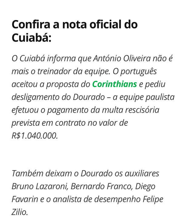 Multa paga, Cuiab libera e Oliveira chega com 4 auxiliares