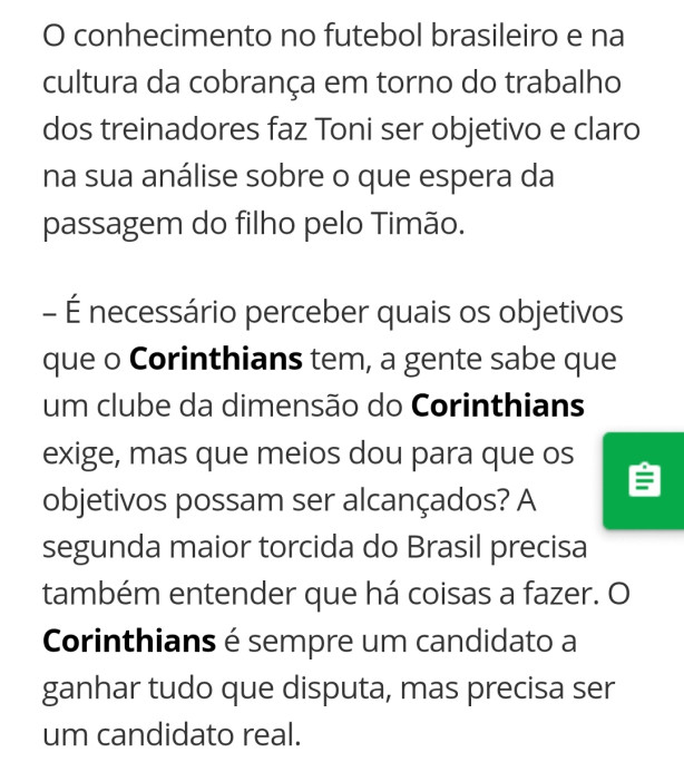 Toni Oliveira realista ao falar do Corinthians.