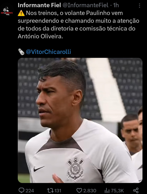 Chicarolli afirma que Antnio Oliveira est impressionado com Paulinho no treino