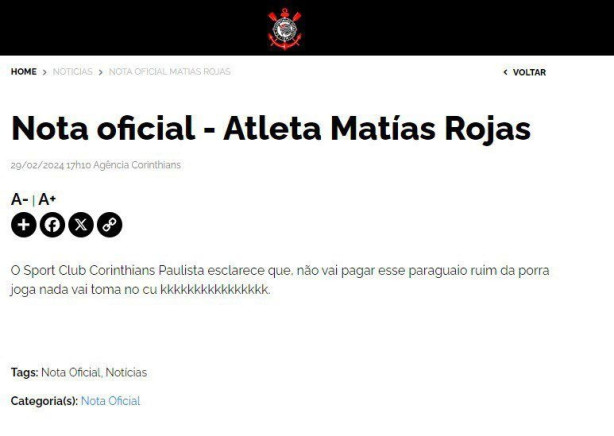 Nota Corinthians sobre Matias Rojas