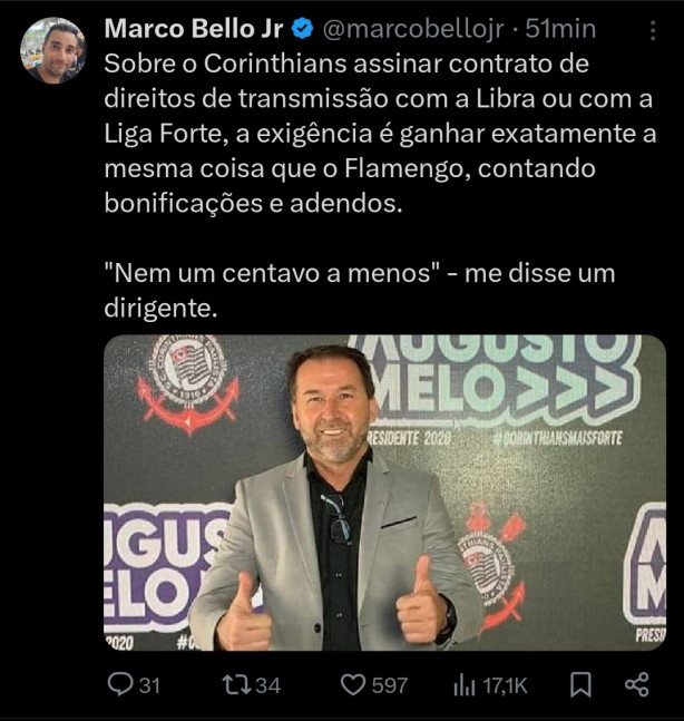 Jornalista diz que, diferente do Dulio, Augusto exige a mesma grana do Flamengo na Libra