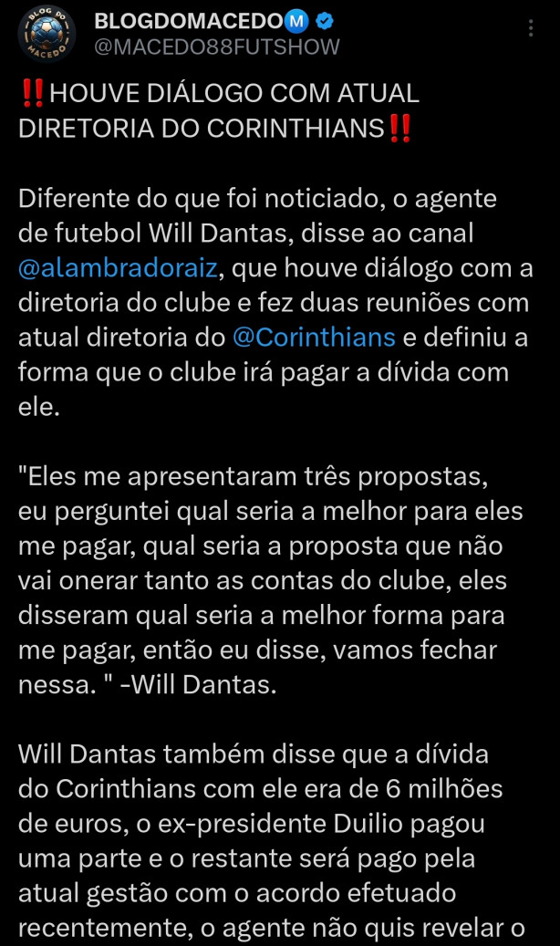 O Corinthians deve 6 milhes de euros por uma venda de um jogador da base