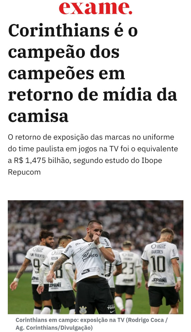 Camisa do Corinthians da retorno de mdia equivalente a 1,475 Bilho