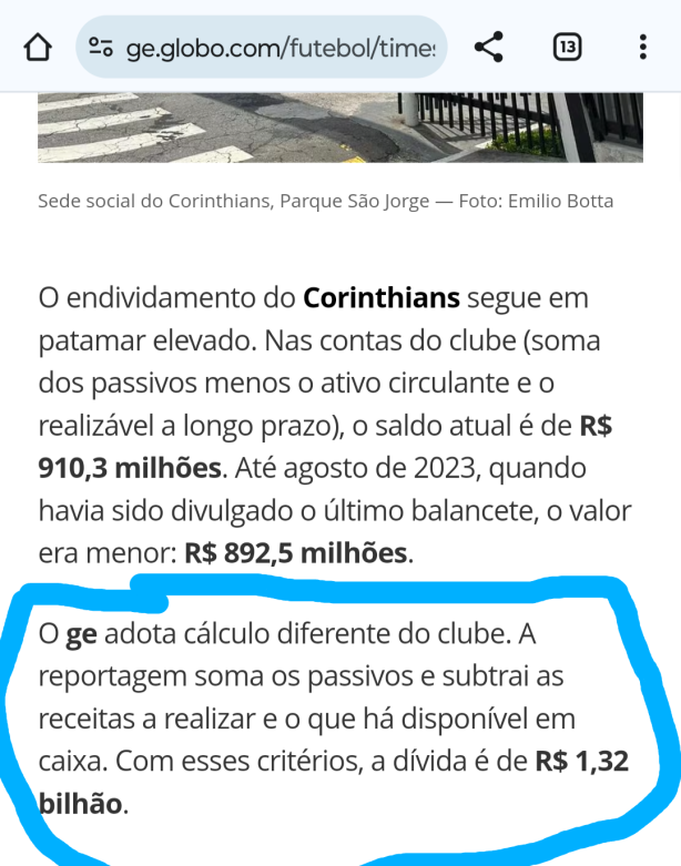 GE Afirma calcular divida do Corinthians diferente do clube em reportagem