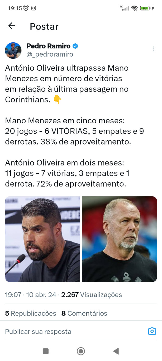 Antnio Oliveira ultrapassa Mano Menezes em nmero de vitrias