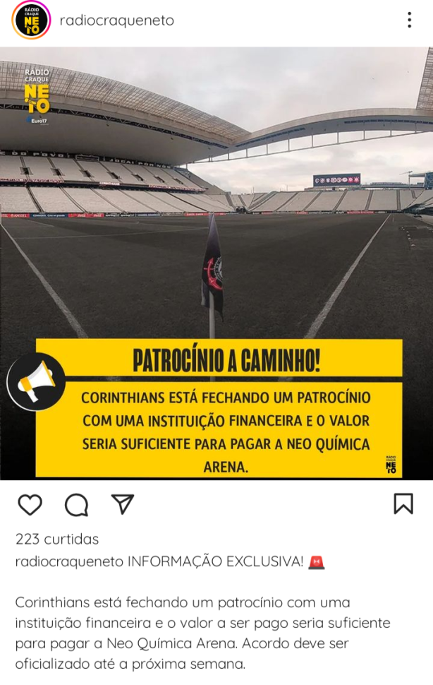 Corinthians prximo de fechar patrocnio que pode pagar a Neo Qumica Arena