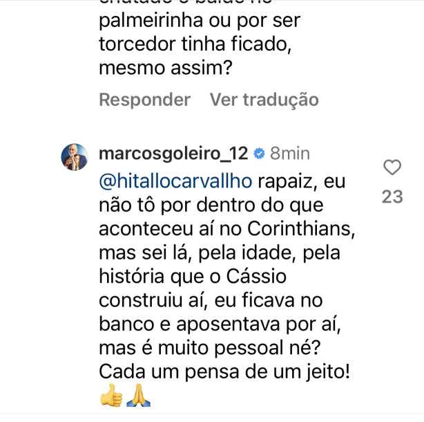 O Marcos em resposta no Instagram provando que o Cssio nunca amou o Corinthians