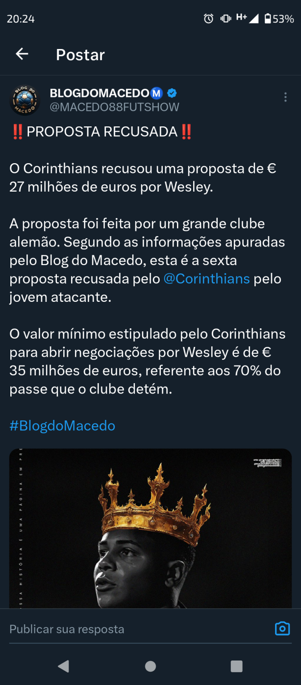 Corinthians recusa 27 milhes de euros por Wesley