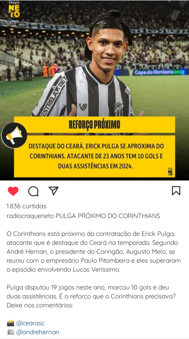 Erick Pulga prximo de acerto com o Corinthians.