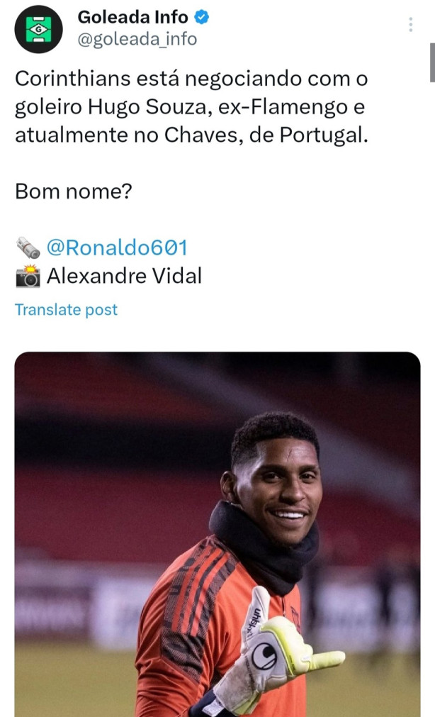 Segundo fontes no Twitter, Corinthians t� negociando com Hugo ex Flamengo