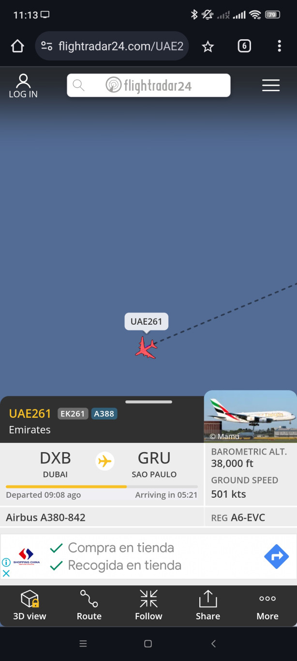 Dentro de 5 horas o Emirates chega em Guarulhos.