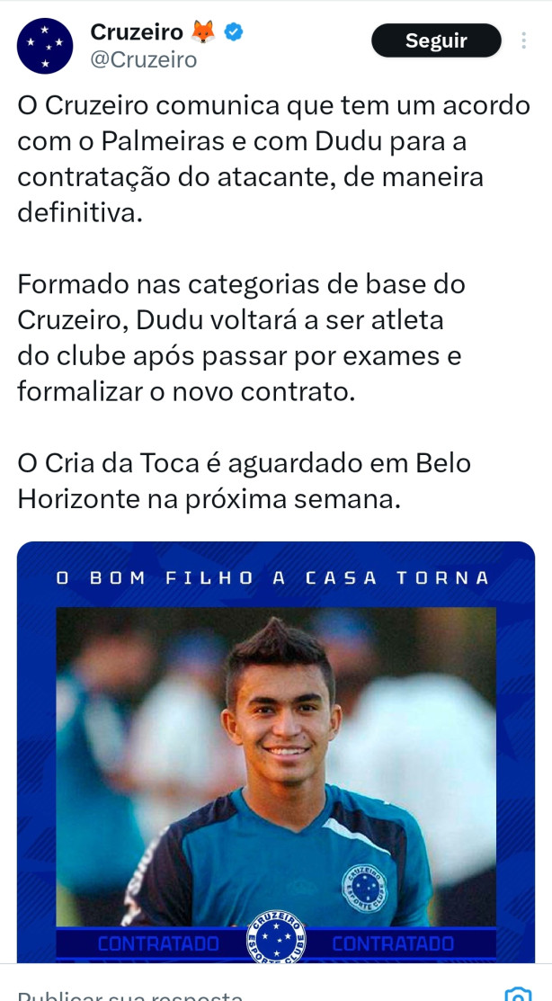 Do nada o Cruzeiro anunciou o DUDU ex- palmeiras