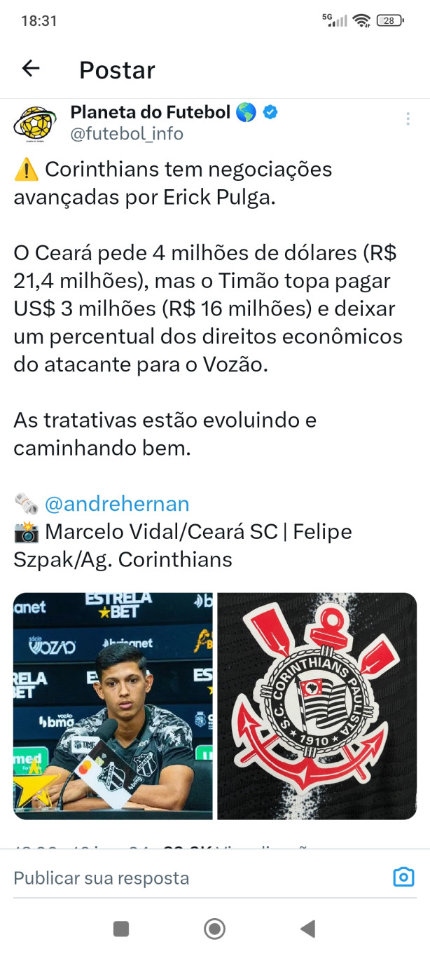 Corinthians tem negociaes avanadas por Erick Pulga.