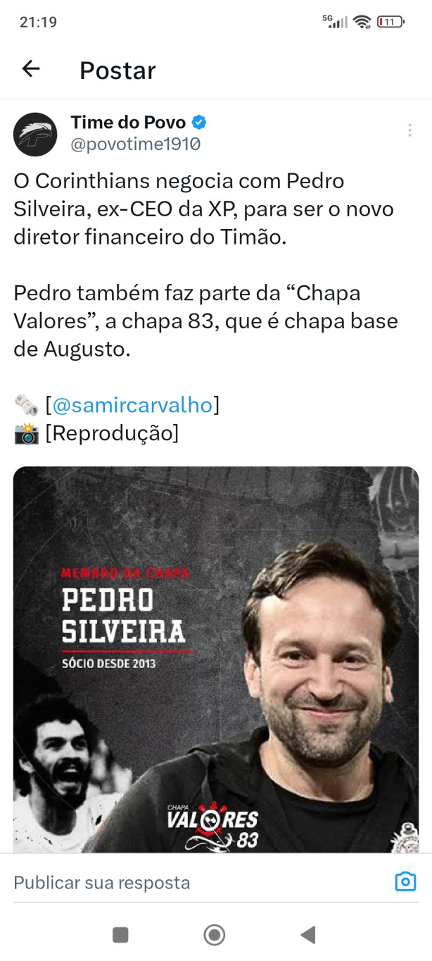 O Corinthians negocia com Pedro Silveira, ex-CEO da XP
