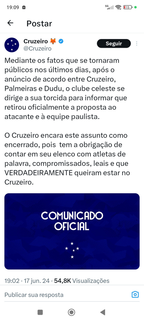 Cruzeiro acaba de retirar a proposta feita ao Bunda0