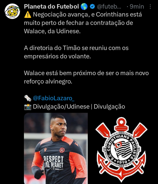 urgente: Walace est muito perto de fechar com o Corinthians, segundo jornalista