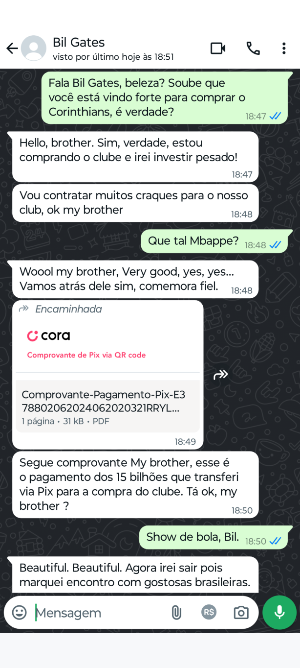 Vaza conversa de bilionrio que vai investir no Corinthians