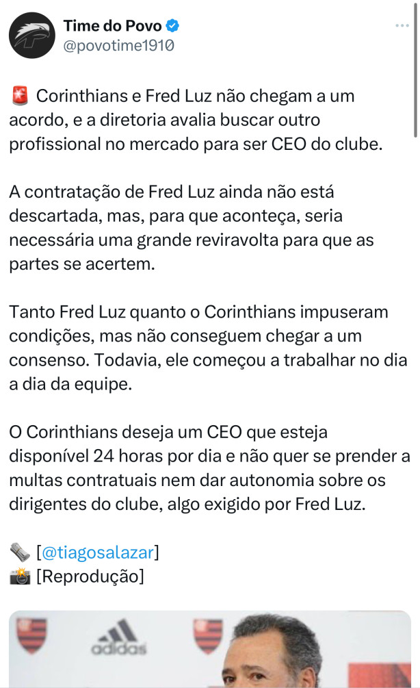 CEO Fred Luz e Corinthians NO chegam a um acordo