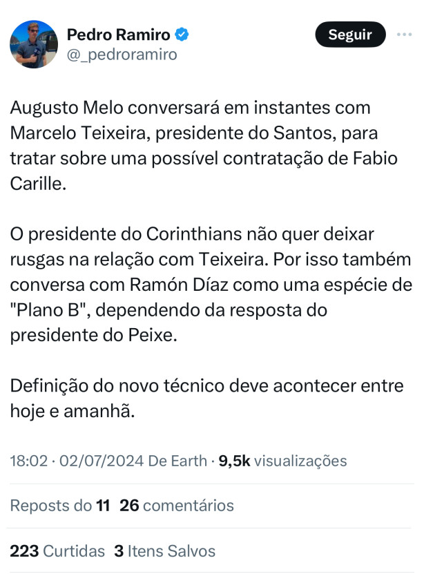 Augusto conversar� com Teixeira para libera��o de carille